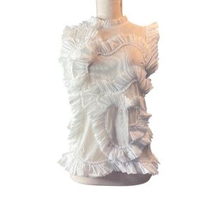 Item #A039 Gracia White Mesh Ruffle Top, High Neck, Sculptural Swirl Detail, S
